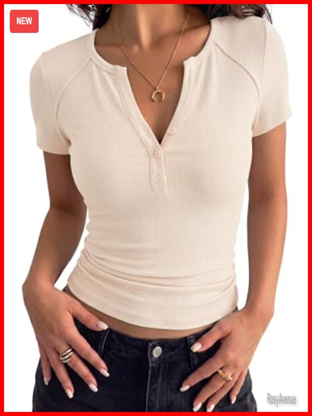 Womens Short Sleeve Ribbed Henley Top Fitted V Neck Button Up T Shirt Blouse